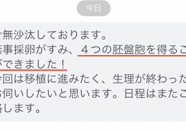 不妊治療　「４つの胚盤胞を得ることができました！」